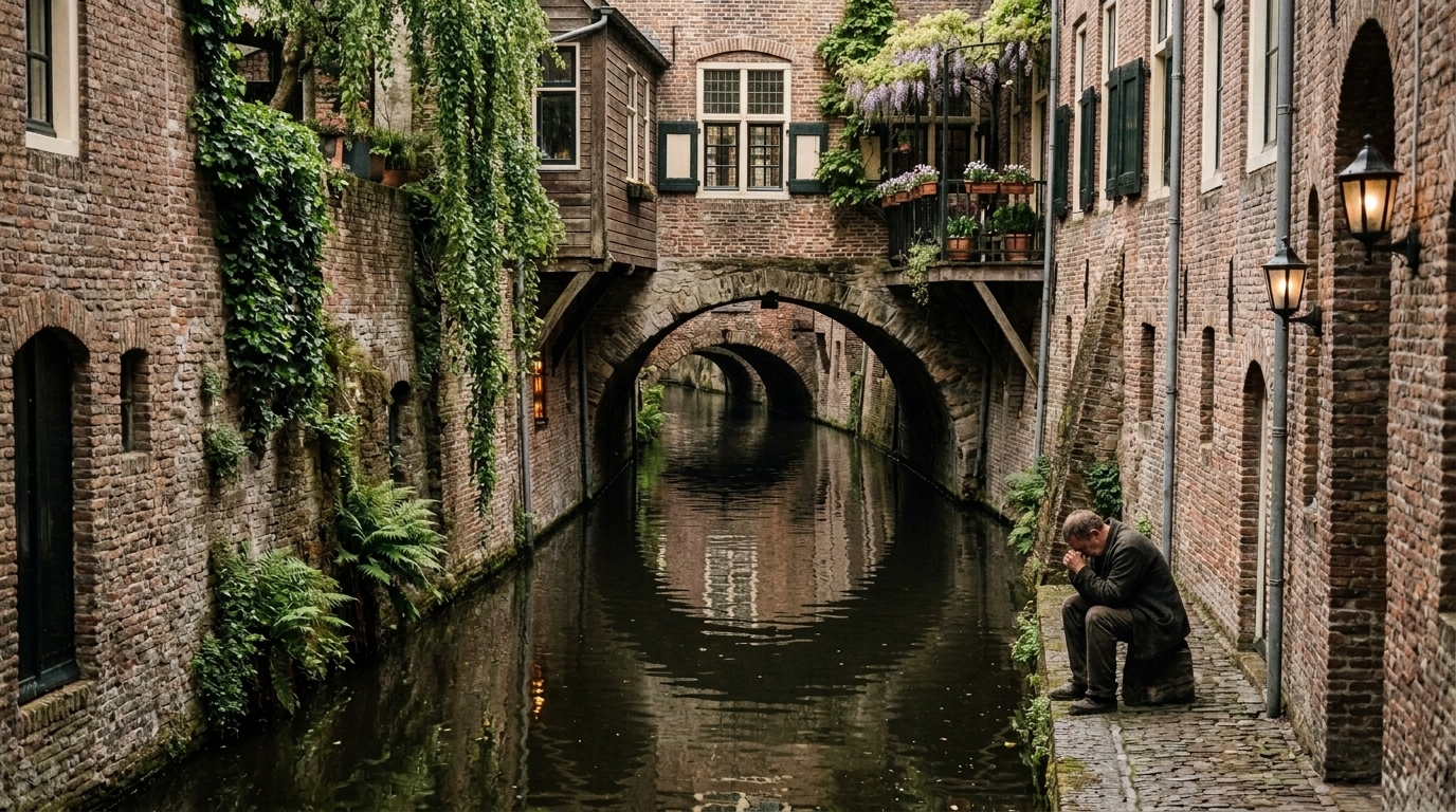 Smal kanaal tussen bakstenen gebouwen met bogen, groene planten en een man die langs de kade zit.